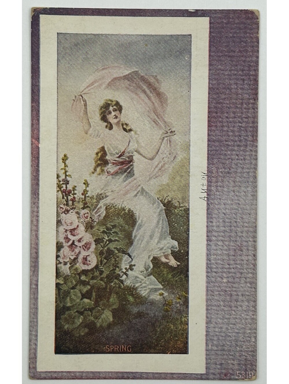 Vintage Spring Postcard Art Nouveau Pretty Lady Pink Hollyhocks Antique     E-12